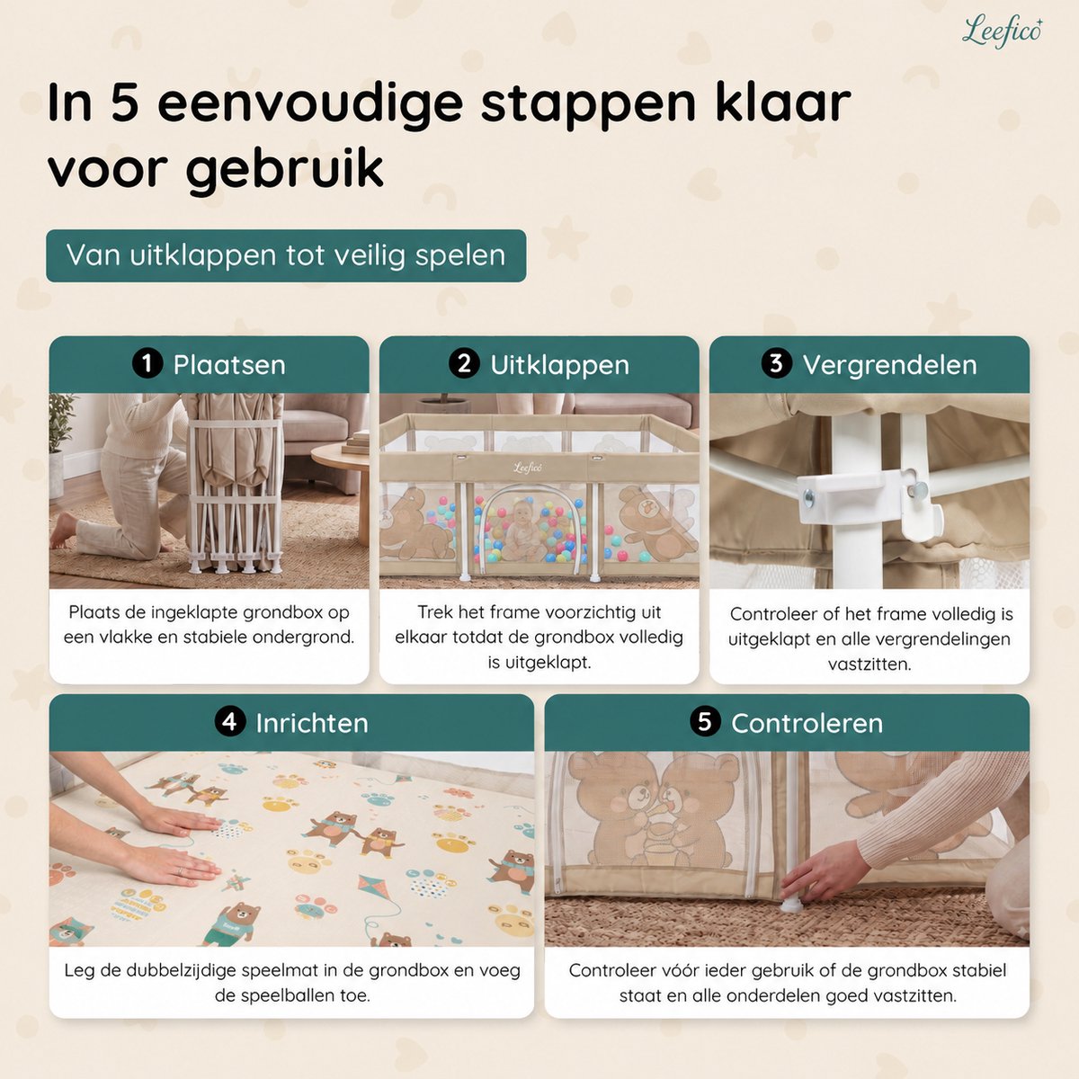 Leefico Grondbox Baby 180x120 cm - Zeer snel inklapbaar - Opvouwbare Baby Box met Speelmat - Speelbox - Kinderbox - Playpen Baby - Beer Patroon Beige – foto 6