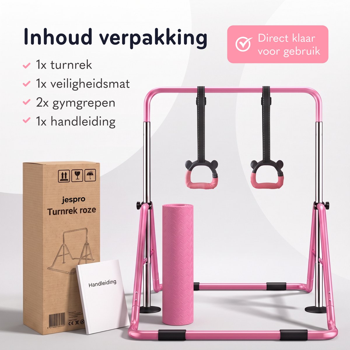 Jespro Inklapbaar Turnrek - Incl. Beschermmat en Ringen - Klimrek - Verstelbaar in 4 hoogtes - Rekstok - Duikelrek - Kinderen - Peuter - Voor buiten en binnen - Klimboog - Roze — afbeelding 8