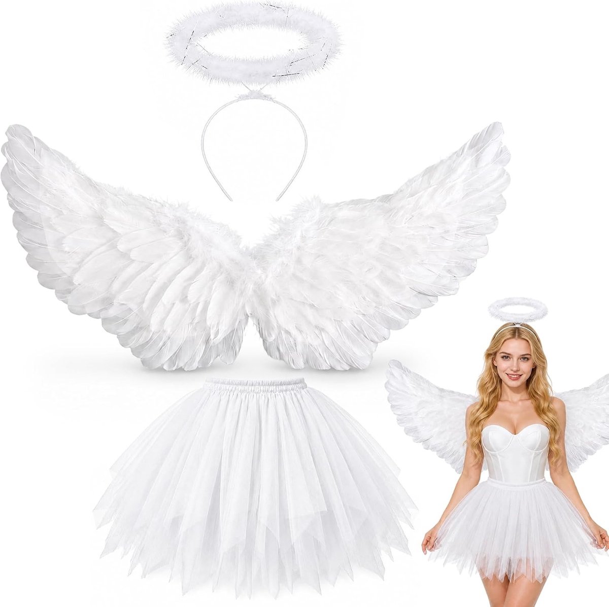 Volwassenen Engel Kostuum met Vleugels, Tutu Rok en Halo voor Halloween en Feestjes