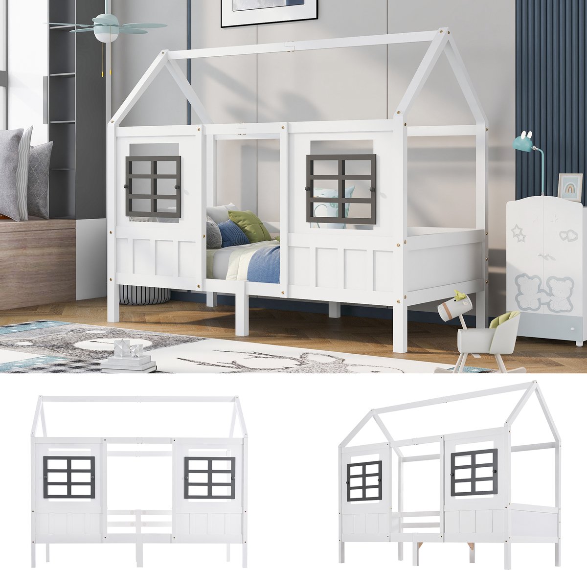 MUVANO Huisbed Met Ramen - Wit Eenpersoonsbed 90x200 - Dagbed Voor Kinderen - Houten Bedframe - 90x200 cm - Slaapbescherming - Kinderkamer Wit
