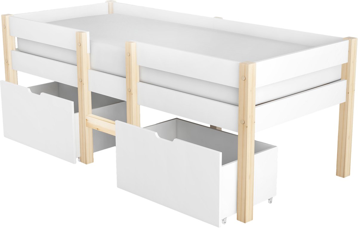 MUVANO Kinderbed - bed met uitvalbeveiliging - kinderbed met lade 90x200 - houten bed - 90x200 cm - opbergruimte - kinderkamer wit en eiken Muvano