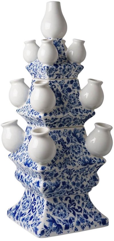 Heinen Delfts Blauw - Tulpenvaas XL - 3-delig - Sierlijke bloem - Keramiek - 51 cm