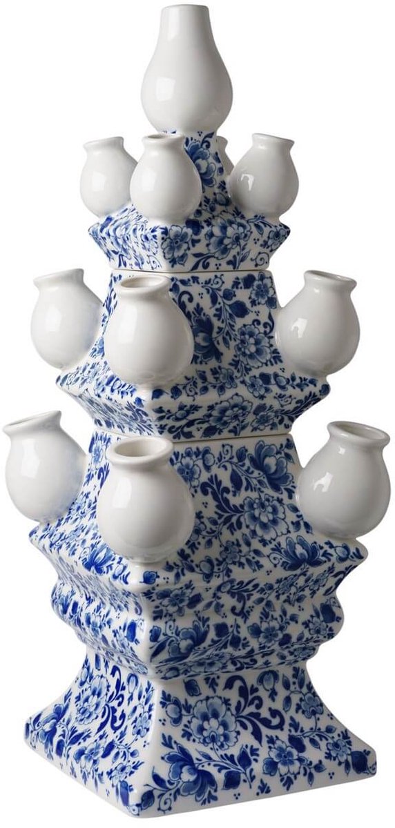Heinen Delfts Blauw Tulpenvaas XL - 3-delig - Sierlijke bloem - Keramiek - 51 cm Delfts blauw