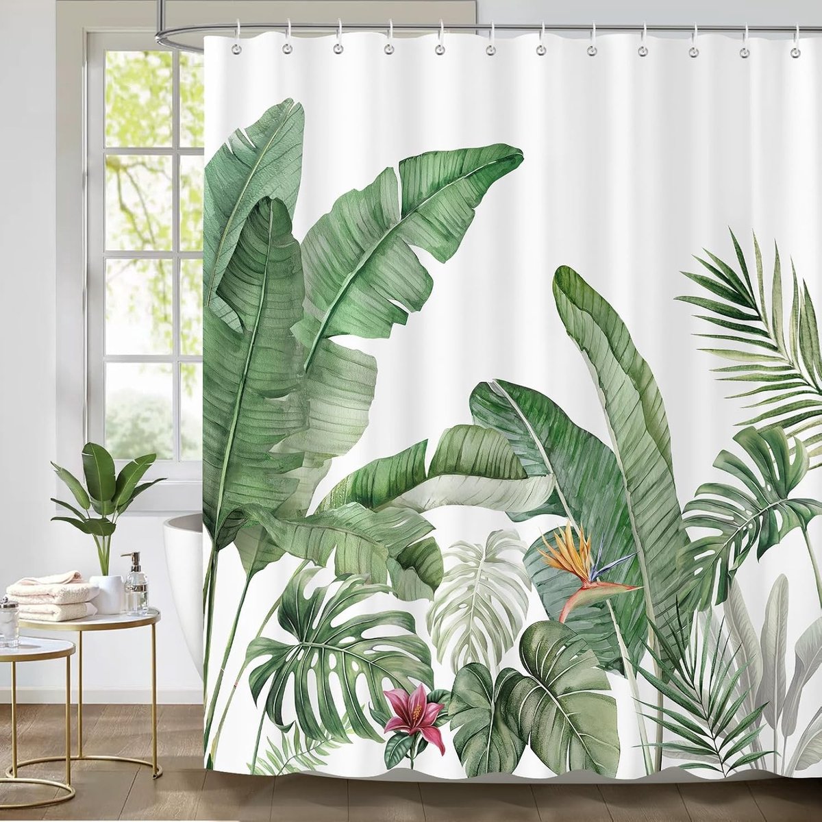 Tropische Bladeren Douchegordijn met Bananenpalm en Monstera, Waterdicht en Schimmelbestendig, Inclusief 12 Haakjes, 180x180cm voor Badkamerdecoratie