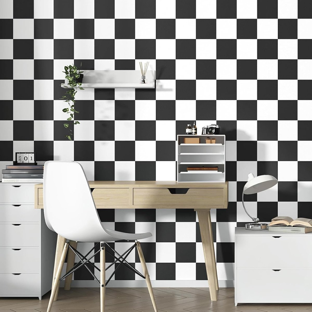 Zwart-wit geruite behang voor slaapkamer, woonkamer en keuken - Zelfklevend vinyl, 40 x 200 cm, ideaal voor meubels en wanddecoratie