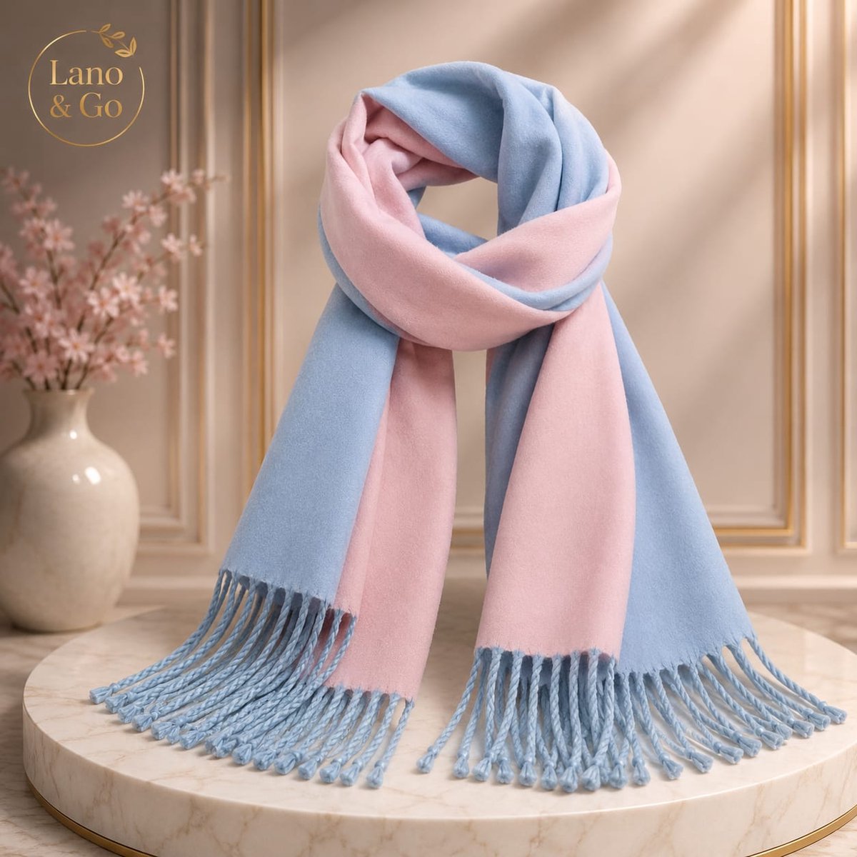 Lano&Go Reversible sjaal met kwastjes, omkeerbare lange winterse sjaal voor dames, pink en blauw