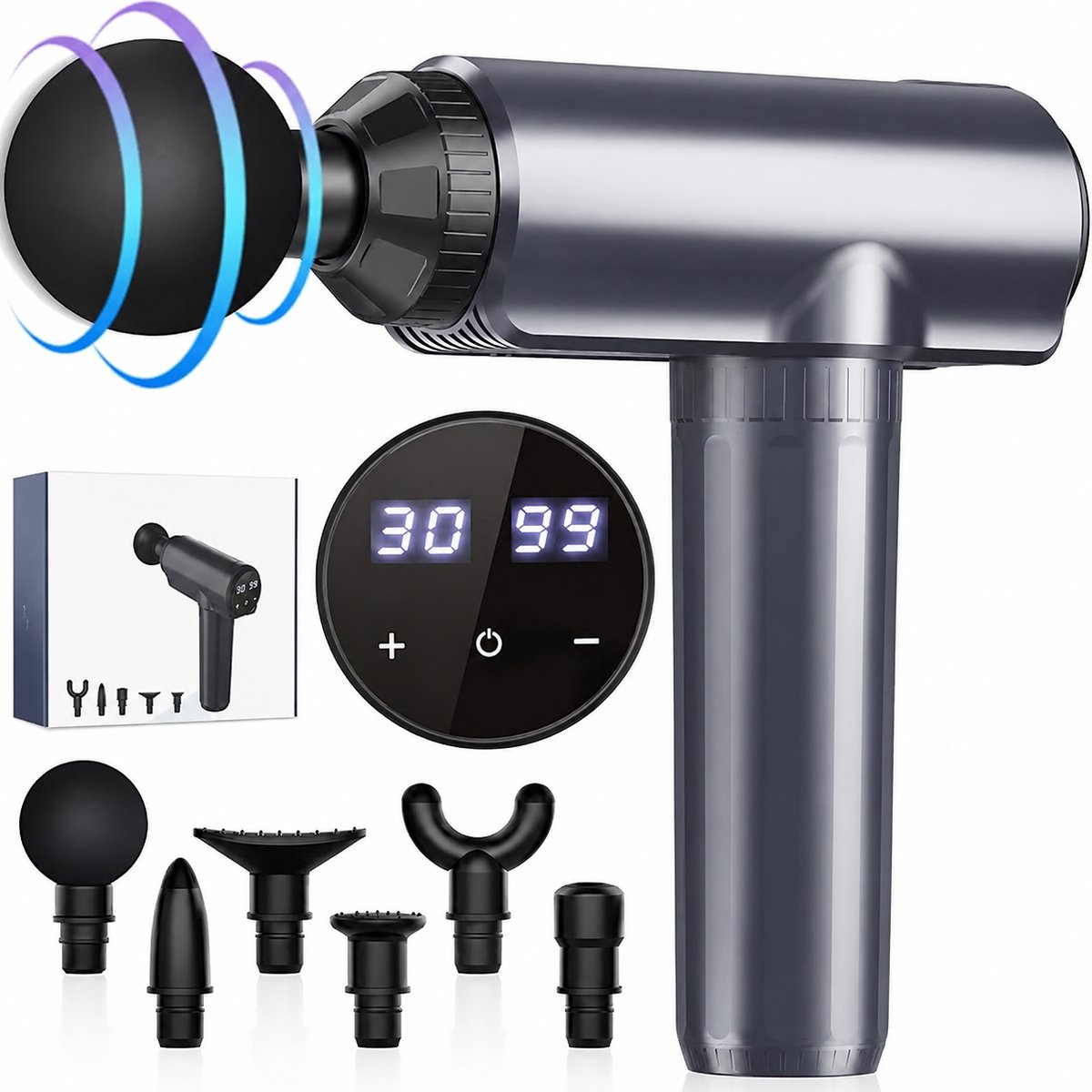 Massagepistool - 30 Snelheidsstanden - 6 Massagekoppen - LCD-Display - Voor Spiermassage en Herstel - Draagbaar Spiermassageapparaat