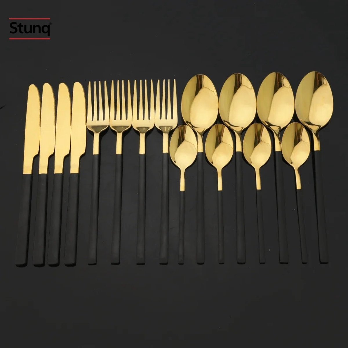 Stunq® Bestekset 16-delig Zwart Goud RVS Spiegelglans