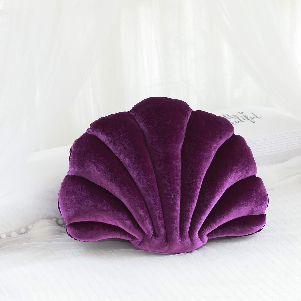 Decoratieve Schelp Kussen in Zeevorm - 3D Fluweel Zacht Kussen voor Sofa, Slaapkamer en Woonkamer (Donkerpaars)