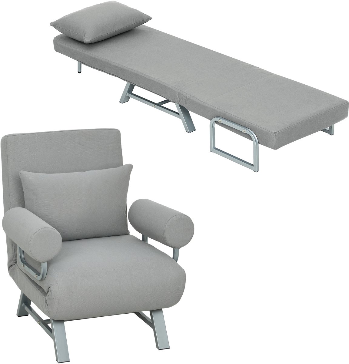 Homcom Chair Bed-Polyester, Metaal-78L x 73B x 81H cm-Lichtgrijs