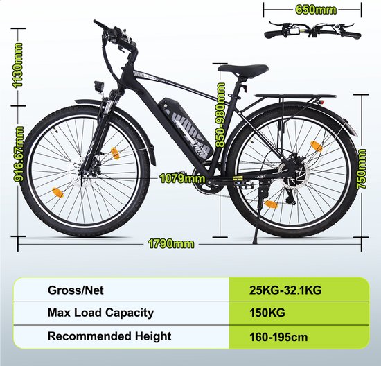 KZQ Elektrische Stadsfiets - 27.5 Inch - 250W - 36V 12.8Ah (460Wh) - Shimano 7 Versnellingen - Schijfremmen - Actieradius 40-60 km - Zwart — afbeelding 5