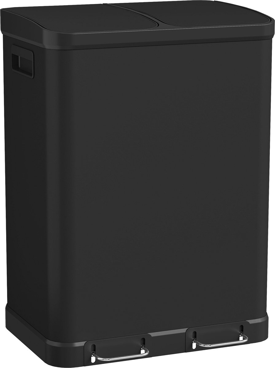 Keukenafvalbak met twee compartimenten (2 x 30 liter) met roestvrijstalen pedaal - soft - close deksel - zwart