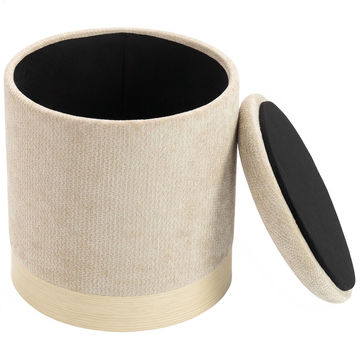 Opbergpoef - ronde chenille kruk - voetenbankje met metalen onderstel in houtlook - beige