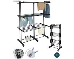 BAUER & MEYER® - Droogrek XL - Wasrek Inklapbaar - 40 Meter drooglengte - Incl. 20 wasknijpers + 1x wasmand - 170 x 134 x 65 cm - Zwart