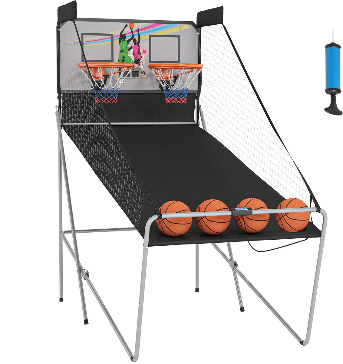 Opvouwbaar arcade - basketbalspel met 2 baskets - 4 ballen - opblaaspomp - basketbalring met scoresysteem - 4 bedieningsknoppen en 8 spelmodi - 205x110x205 cm - zwart - wit