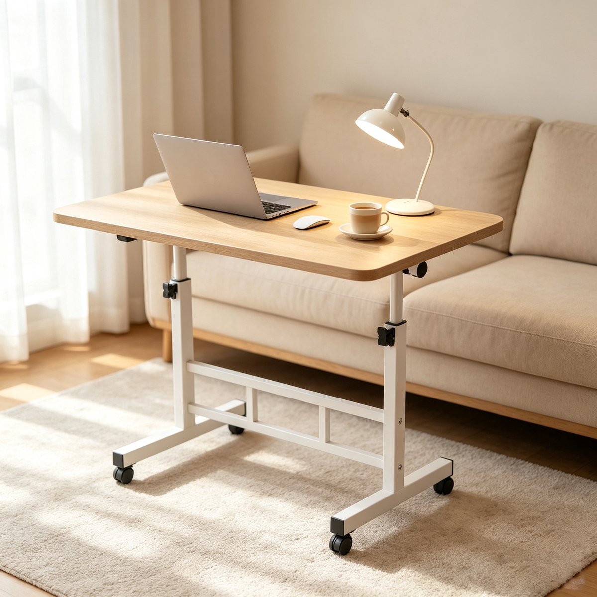 Mobiel verstelbaar en opvouwbaar computer-/studiebureau licht houtkleurig 60*40*65-87 cm met wielen in hoogte verstelbaar en draaibaar bureaublad geschikt voor thuisgebruik