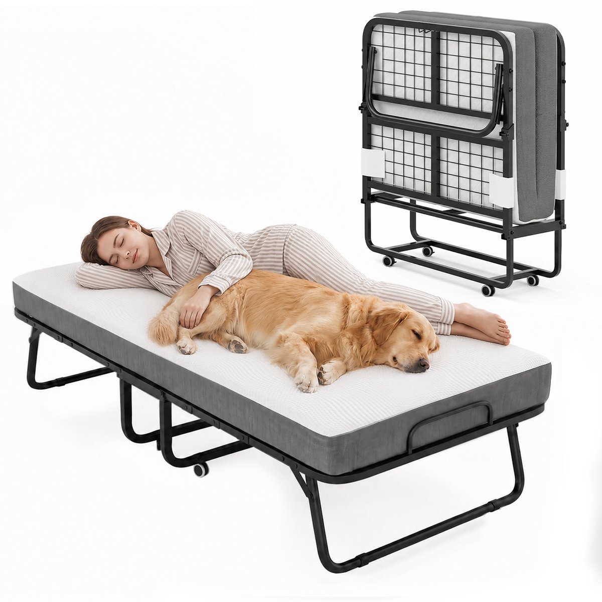 Vouwbed-Opklapbed eenpersoonsbed 190 x 80 cm- Vouwbed met matras --traagschuimmatras-metalen bedframe - Logeerbed op wielen - Draagvermogen 200 kg