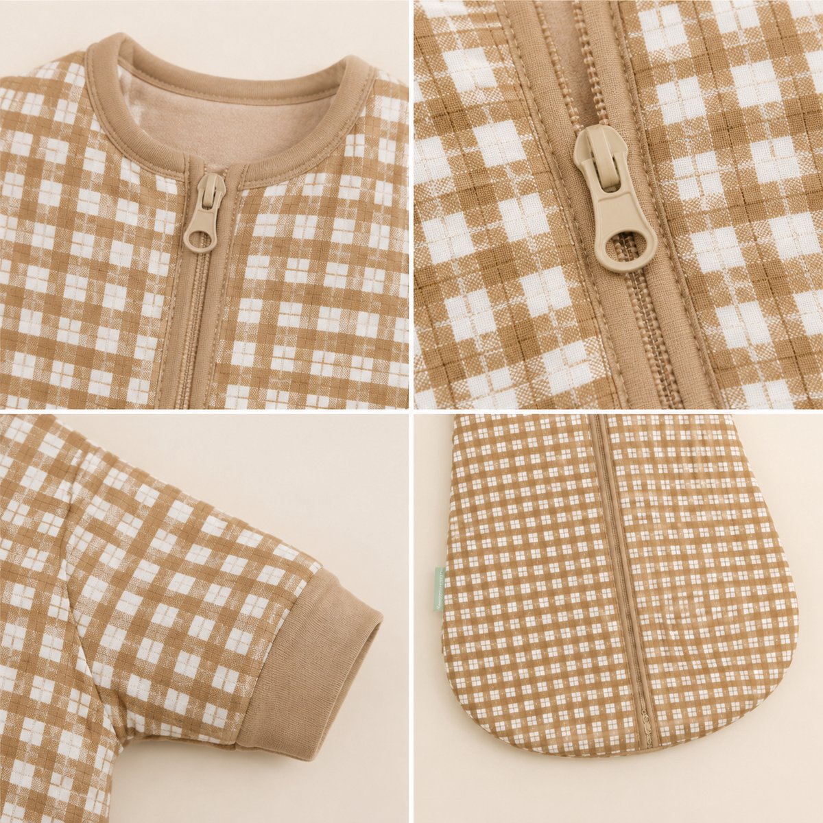 Babyslaapzak met Mouwen TOG 1.0 – Katoenen Baby Slaapzak - Beige geruit– Licht Gewatteerd – Tussenseizoen – Zacht & Comfortabel voor 0-6 maanden