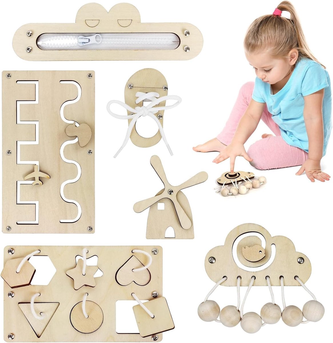 Montessori Busy Board met 6 Houten Stukken voor Kinderen van 1-6 Jaar, Speelgoed voor Ontwikkeling en Creativiteit
