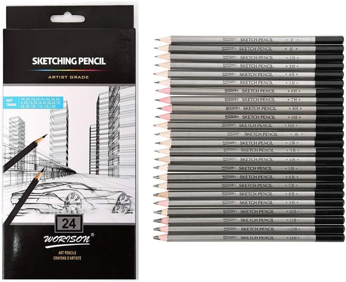 Professionele Tekenpotloden Set van 24 Stuks voor Schetsen en Schaduwen - Ideaal voor Beginners, Kinderen en Volwassenen, Inclusief Harde en Zachte Potloden