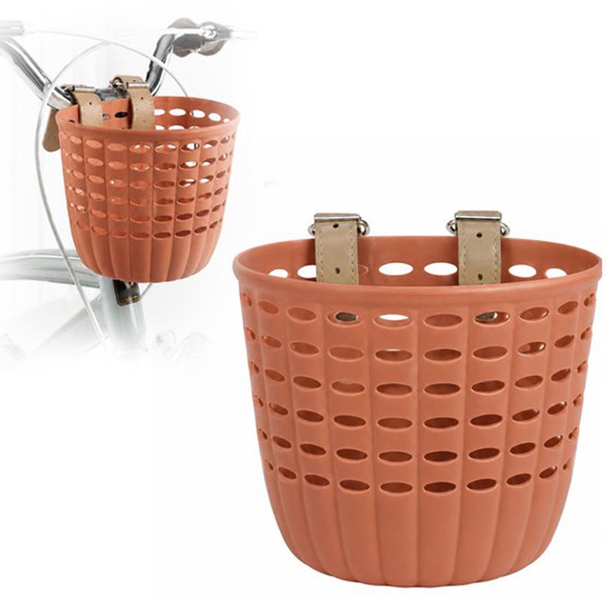 Fietsmand - Kinderfietsmand - Voorste Fietsmand - Lichtgewicht PP Opbergmand met Leren Riemen - Voor Kinderfietsen en Dagelijks Gebruik - 17,5 x 13,5 x 15 cm - Oranje Bruin