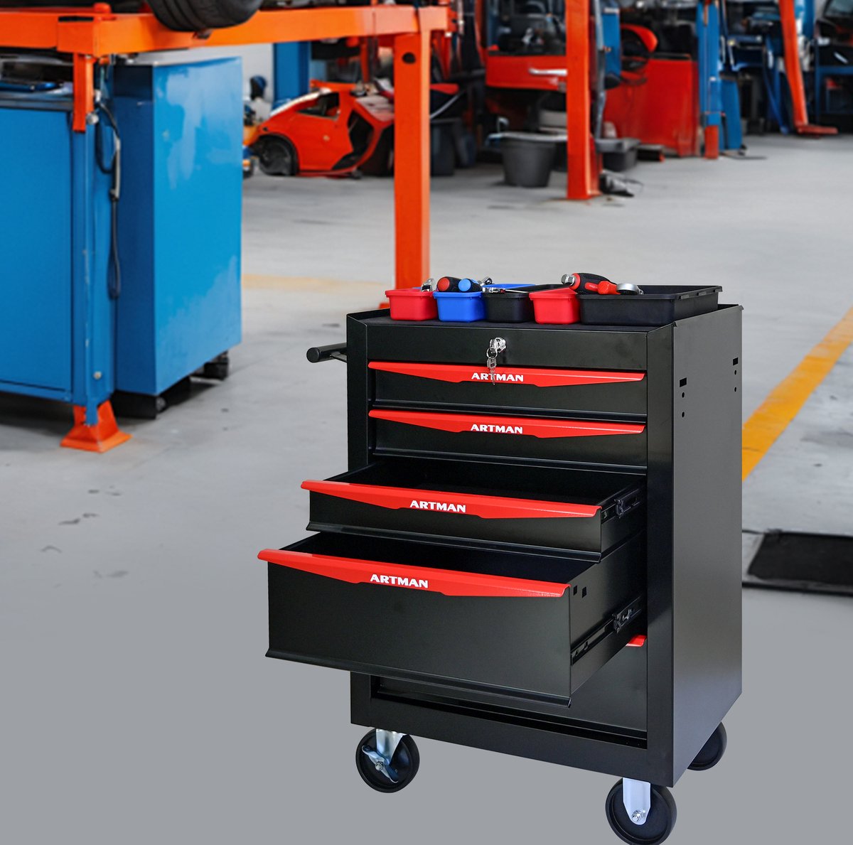 MODFU-Gereedschapskar-Metaal-5-Lades-Met Wielen-Slot-Zwart-Rood