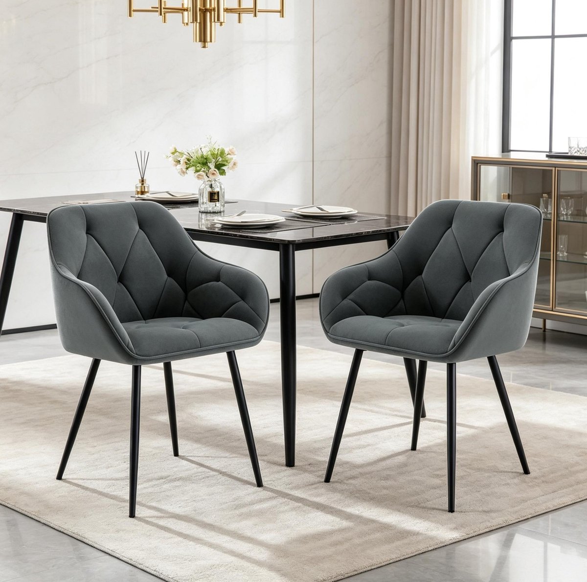 DESMIU Eetkamerstoel – Kuipstoel Met Armleuningen – Set Van 2 – Ergonomisch En Comfortabel – Voor Eetkamer En Woonkamer – Velvet Donkergrijs