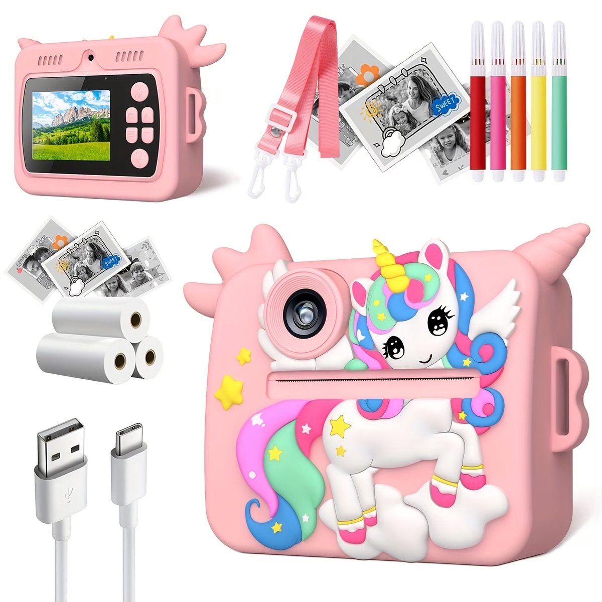 Instant Camera, met Dubbele 1080P High-Definition Camera's, 1200mAh Grote Batterij, Dubbele Printmodi en 3 Niveaus van Printdichtheid, 8X Zoom, Roze
