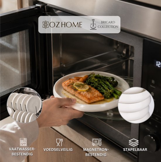 OZ Home Bricard Aragon Serviesset 27-delig Wit - Porseleinen Servies voor 6 Personen - Organische Bordenset met Reliëf, Serveerschaal en Zout- & Peperstel — afbeelding 4