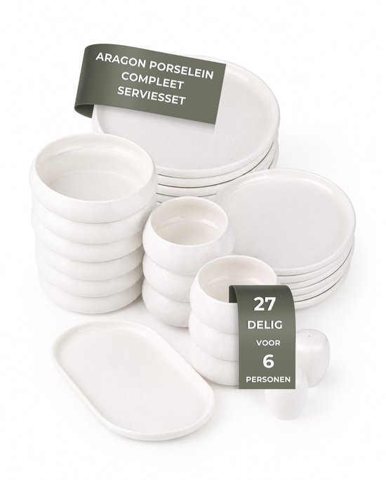 OZ Home Bricard Aragon Serviesset 27-delig Wit - Porseleinen Servies voor 6 Personen - Organische Bordenset met Reliëf, Serveerschaal en Zout- & Peperstel — afbeelding 3