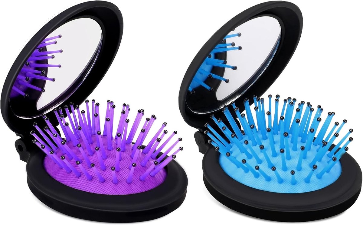 Compacte Vouwborstel voor Vrouwen - 2 Stuks Reisborstels met Spiegel, Ideaal voor Handtas en Sport, Kleine Haarborstel voor Gemakkelijk Kammen en Styling