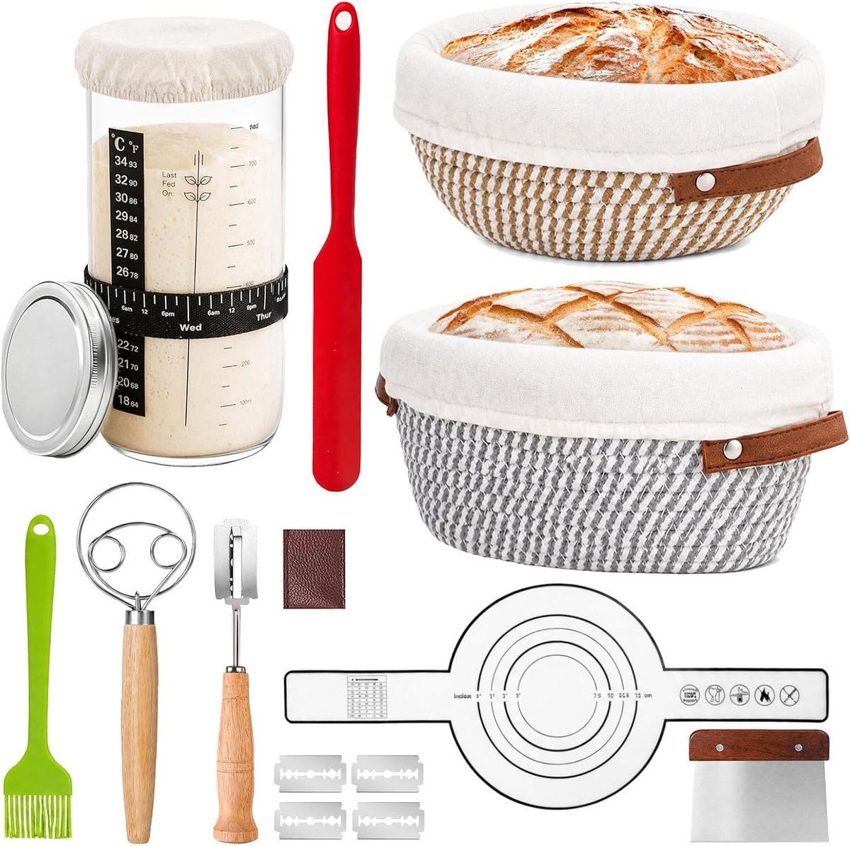 Complete 21-delige set voor het maken van zuurdesem met ovalen gistmand en ronde bakaccessoires voor beginners en ervaren bakkers