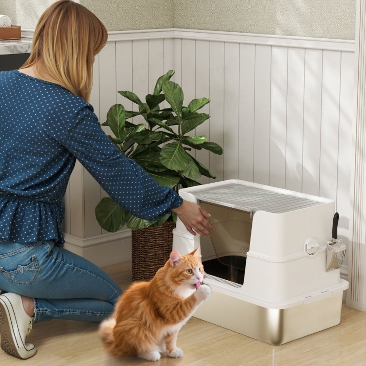 MODFU - Kattenbak - RVS - XL - Dubbele Ingang - Boveninvoer - Lichtgrijs