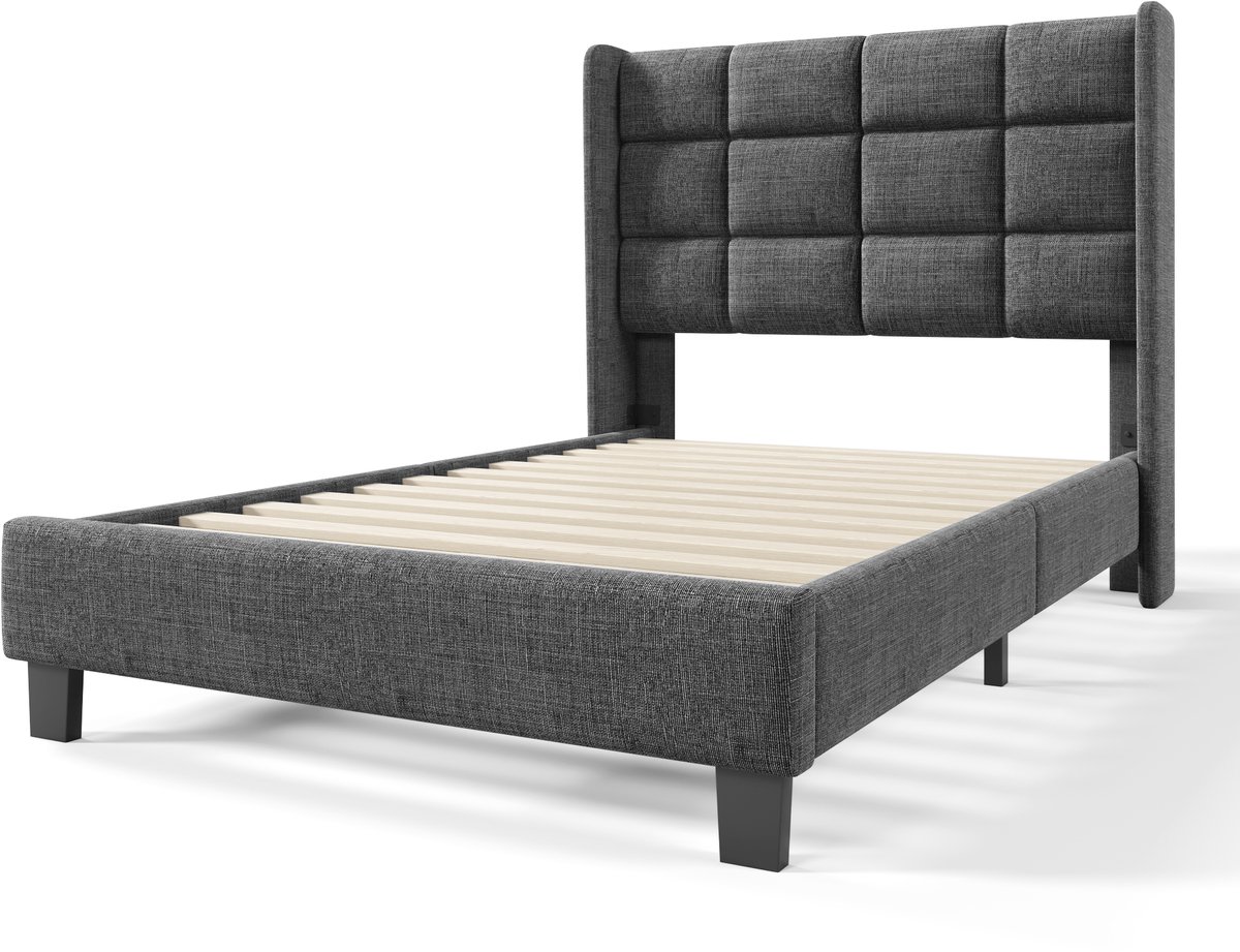 WUVRIE Normaal bed 90x200 cm met gestoffeerd hoofdeinde, lattenbodem en grijze stof