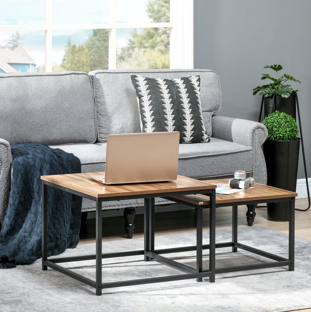 MODENUIT Salontafel Set - Houtnerf Blad En Stalen Frame - Voor Woonkamer - Spaanplaat En Zwart - 60x60x45 Cm