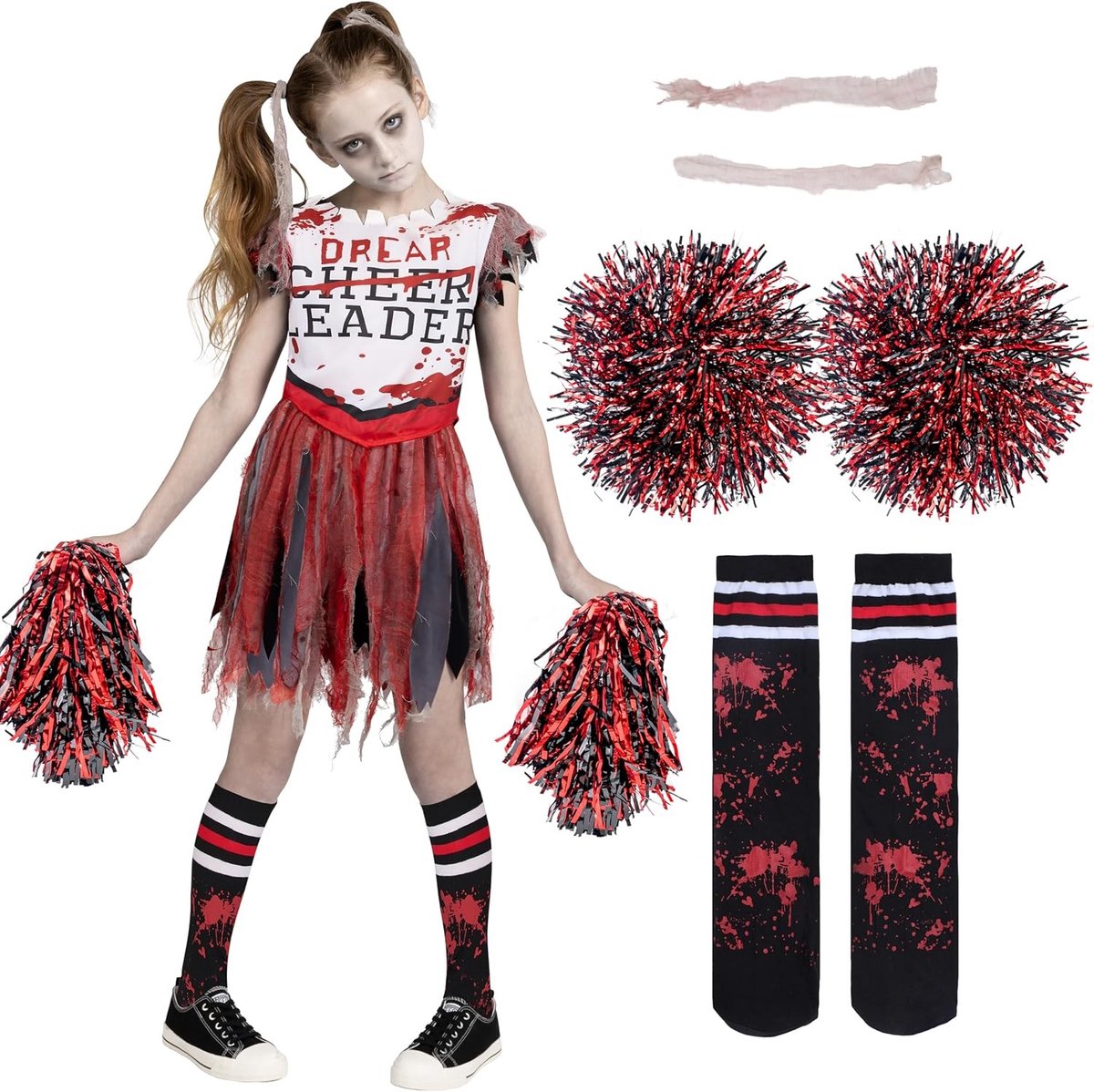 Scary Grote Cheerleader Kostuum voor Meisjes, Zombie Cheerleader Outfit voor Halloween Feestkleding en Verkleedplezier