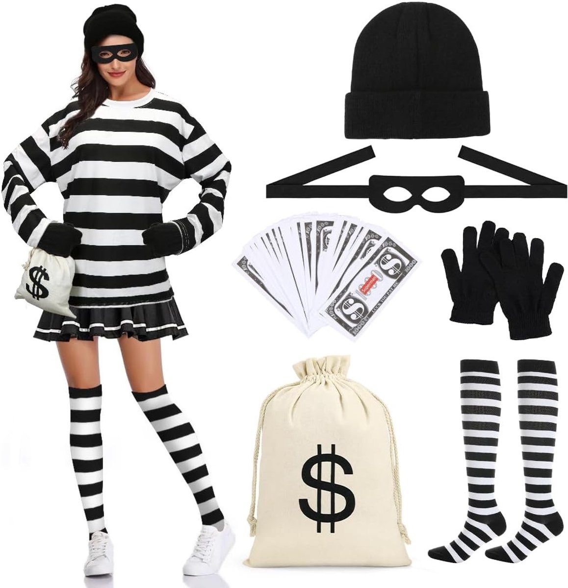Vrouwelijk Carnaval en Halloween Kostuum met T-Shirt, Hoed, Handschoenen, Sokken en Masker voor Cosplay Feestelijkheden