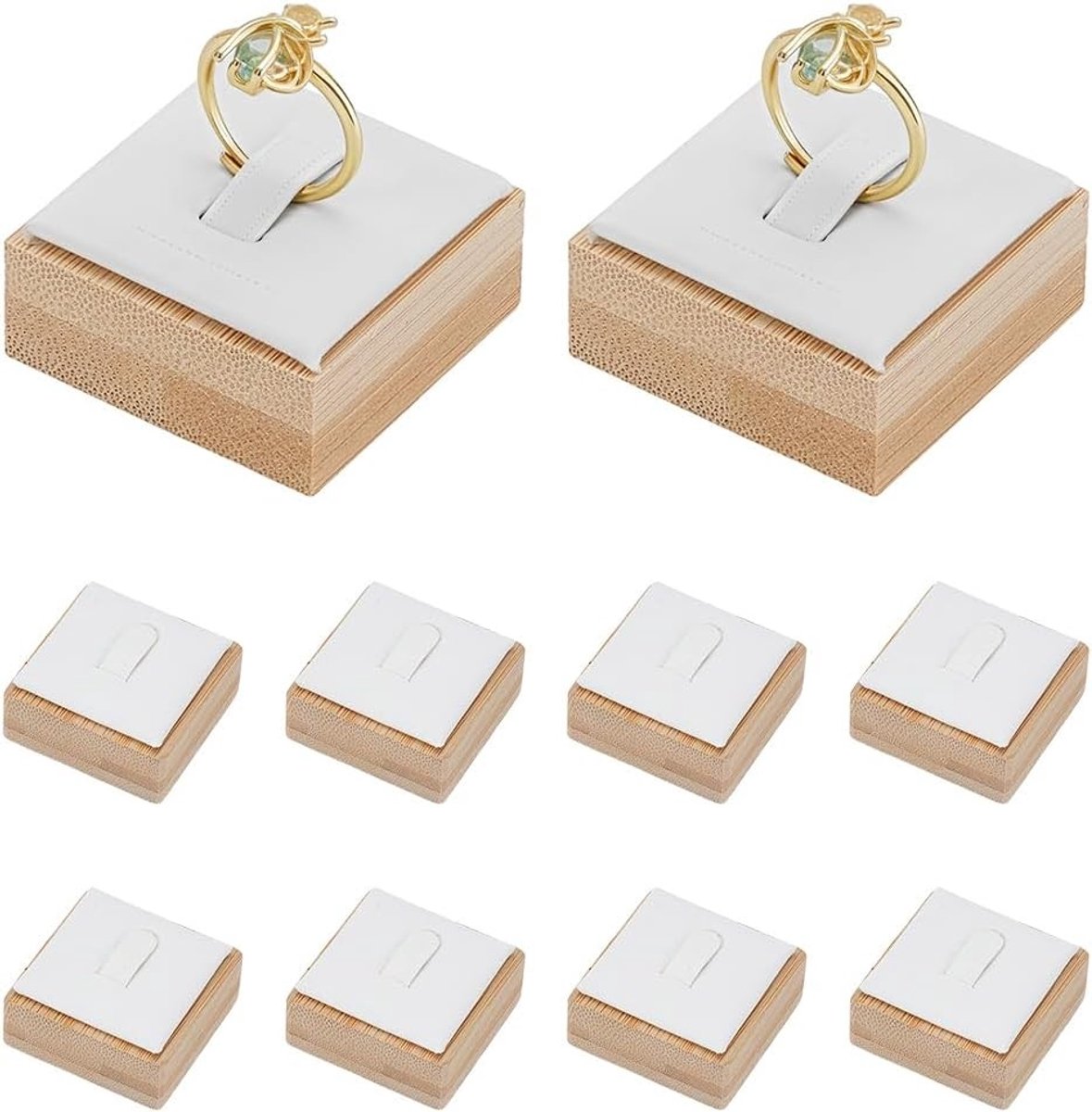 Bamboe ringen displaystandaard set van 10 voor sieradenorganisatoren, showcase en fotografie, met witte fluwelen doek mat en enkele ringhouders van 1,56 x 1,58 x 0,83 inch
