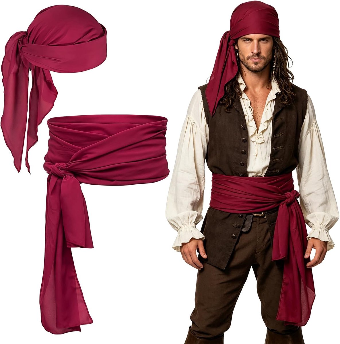 Piratenkostuum accessoires set met rode bandana, taille sjerp riem en middeleeuwse cosplay items voor Halloween en themafeesten