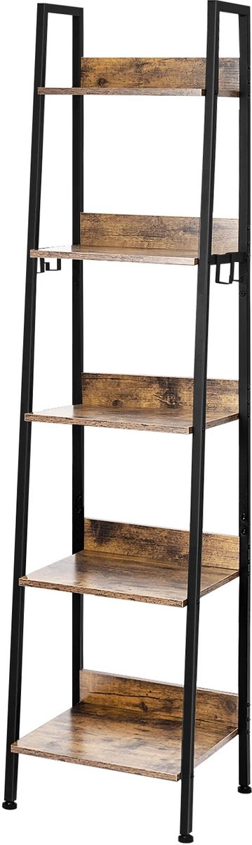 Heidat Boekenkast - 5-laags ladderkast - Industriële opbergkast - Donker eiken zwart - 40x36x170 cm