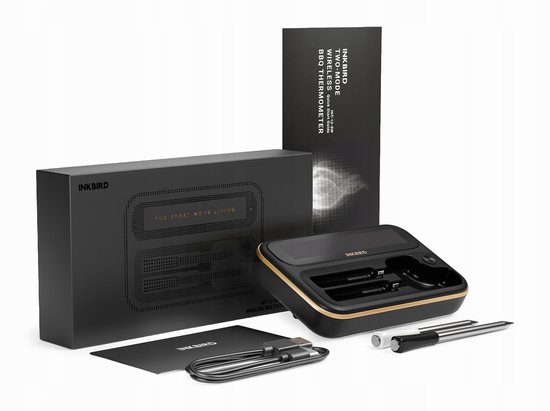 Inkbird Luxe Gift Box Zwart Edition: BBQ thermometer, twee sondes, laadkabels en handleiding. Zwarte verpakking.