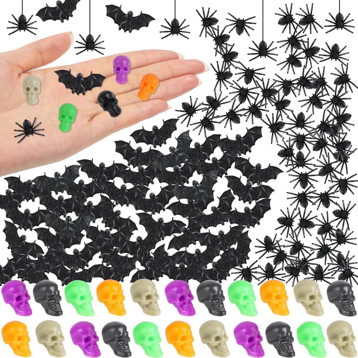 KZQ Halloween decoratie – 180 stuks met mini-schedels, -vleermuizen en -spinnen van kunststof – Realistische minimodellen voor Halloween-decoratie – Miniatuurornamenten voor een griezelige, angstaanjagende sfeer