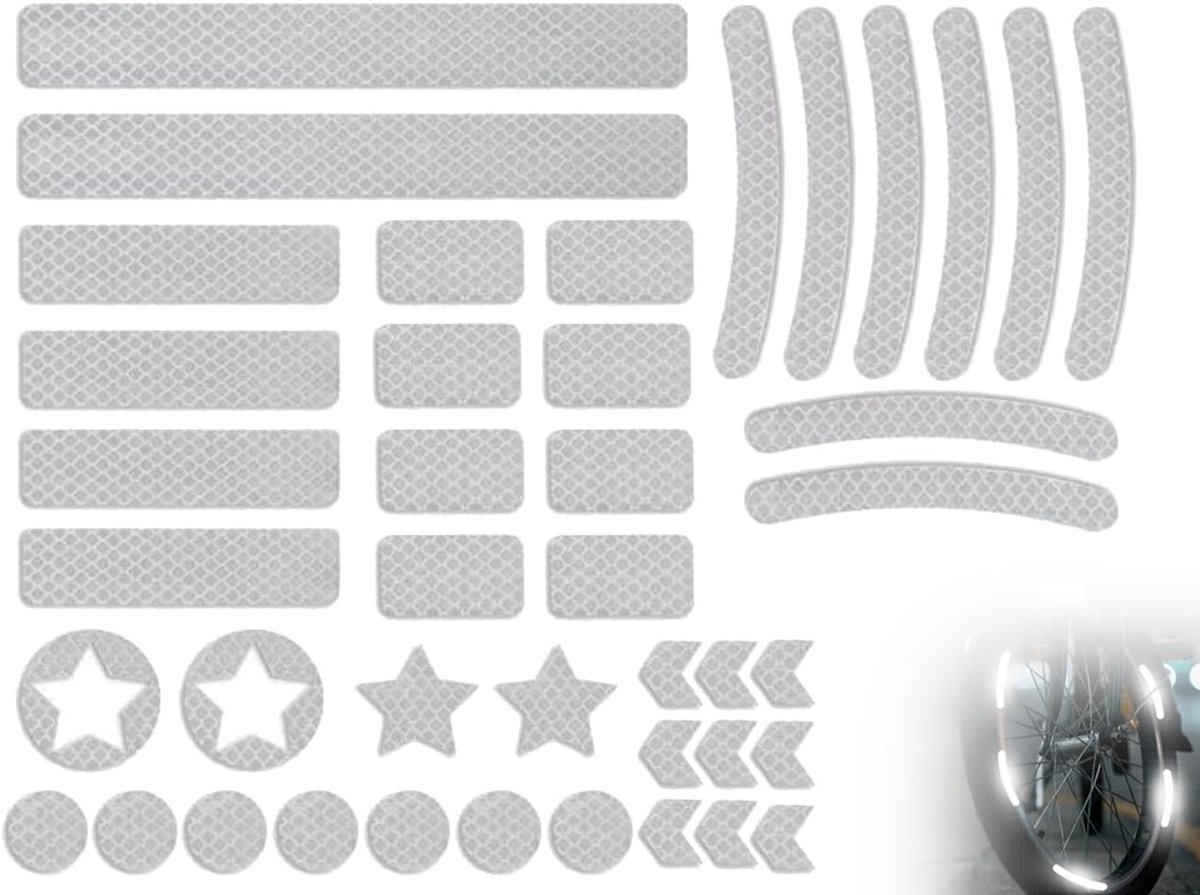 Set van 42 Fietreflectoren Stickers, Zelfklevende Luminous Reflector Stickers voor Velgen en Remmen, Diverse Vormen en Kleuren