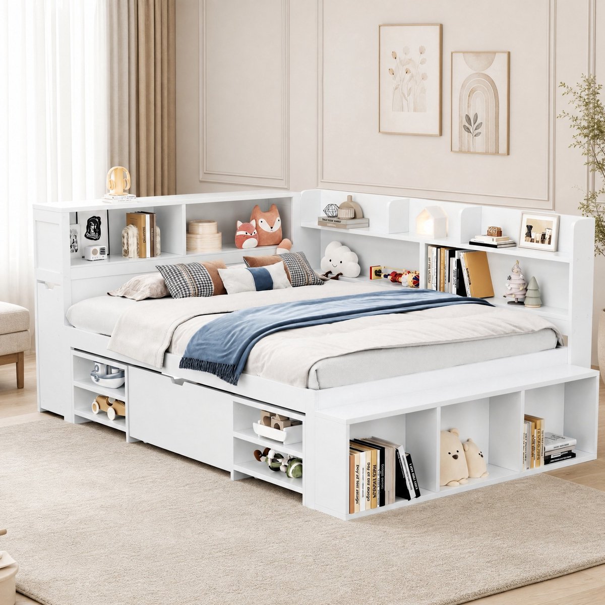 COVREO Kinderbed met lade – 254x159,5x91 cm – Normaal bed van spaanplaat – met boekenvak en opbergruimte – Wit - zonder matras