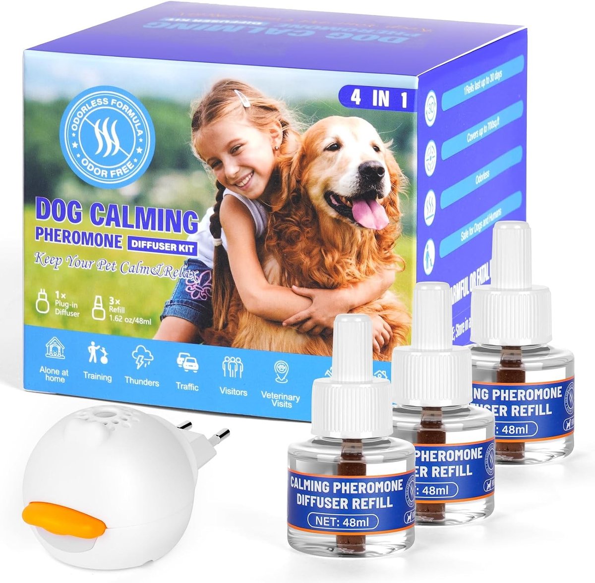 Hond Kalmerende Pheromone Diffuser met 3 Refills voor Ontspanning en Vermindering van Angst, Geschikt voor Alle Rassen en 90 Dagen Gebruik