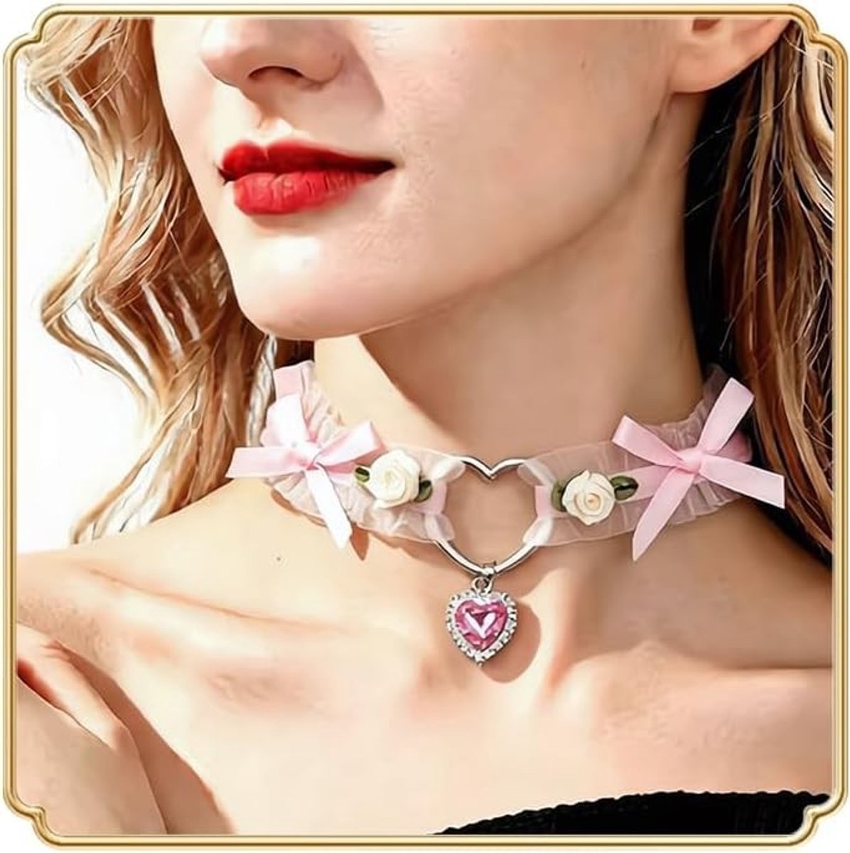 Vintage Lace Bowknot Choker met Kristallen Hart en Rhinestone, Schattige Lolita Kraag Sieraad voor Dames en Vrouwen