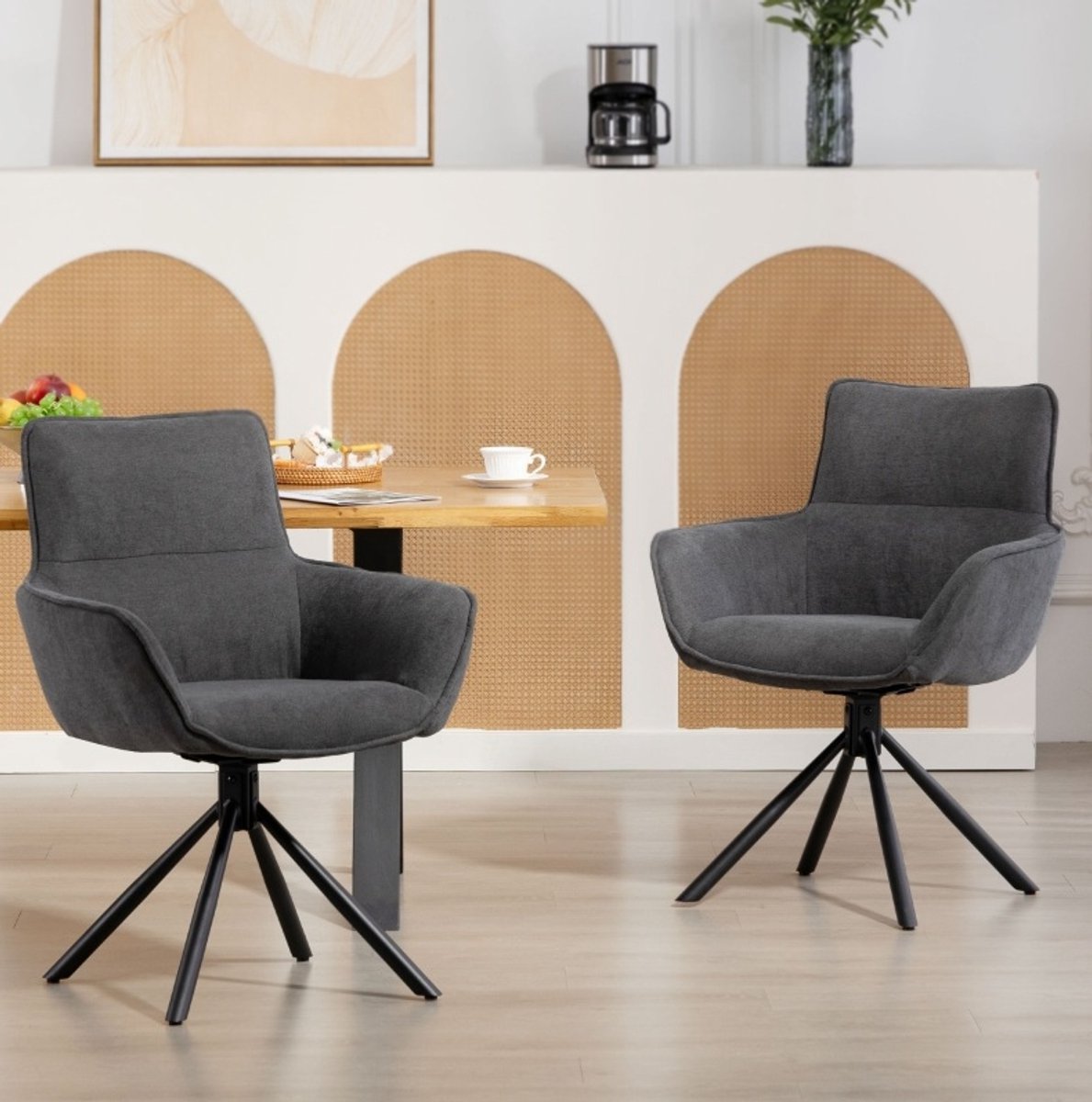 DESMIU Eetkamerstoel Set Van 2 - Draaibare Kuipstoel Met Armleuningen En Zachte Bekleding - Voor Eetkamer En Woonkamer - Metaal - Donkergrijs
