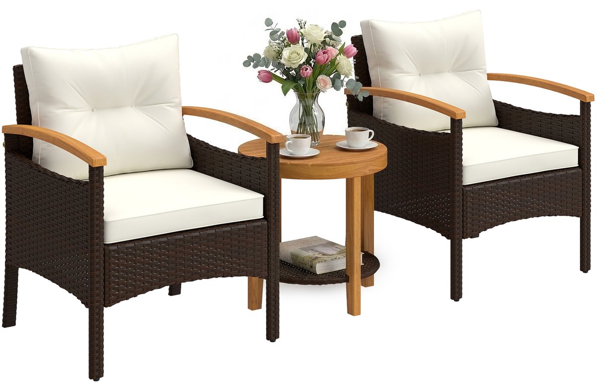 Outsunny Loungeset met 2 fauteuils en tafel van PE-rattan - Tuinset - Balkonset - Loungeset tuin - Crèmewit bruin, crèmewit, hout