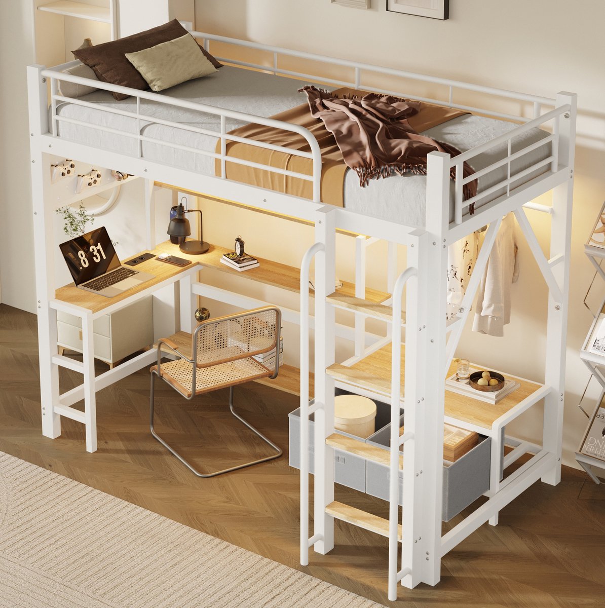Wishdor Hoogslaper 90 x 200 cm - Met bureau en opbergruimte - Met bedlade, LED-verlichting en USB-aansluiting - Metaal en MDF - Wit kinderbed