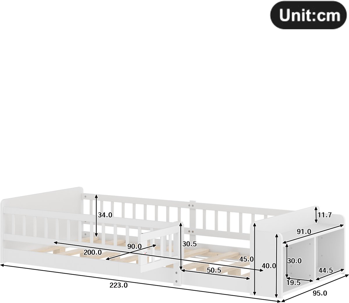 WUVRIE Kinderbed 90 x 200 cm met open opbergruimte en veiligheidsdeur, wit